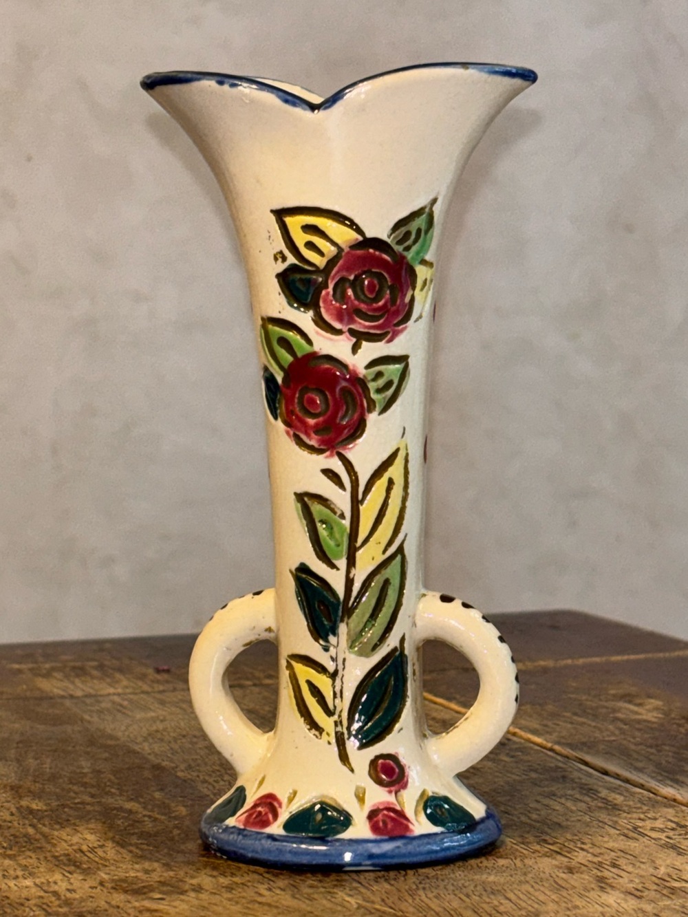 Vintage Occupied Japan Bird Rose Vase Hand Painted Double Handle 1940s